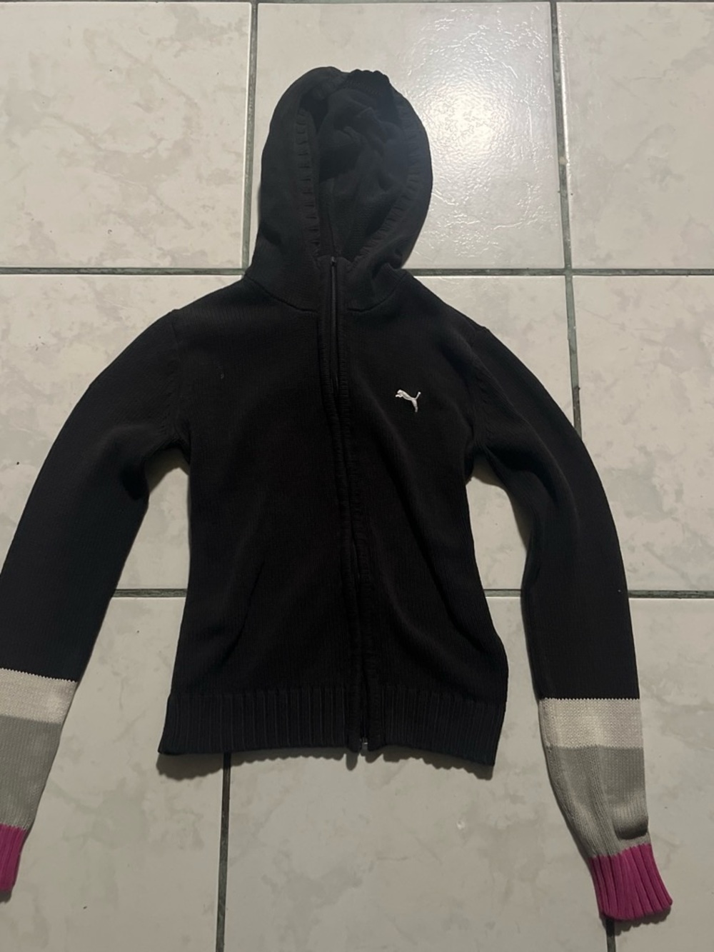 Puma Black Zip Hoodie with Gray and Pink Cuff Accents